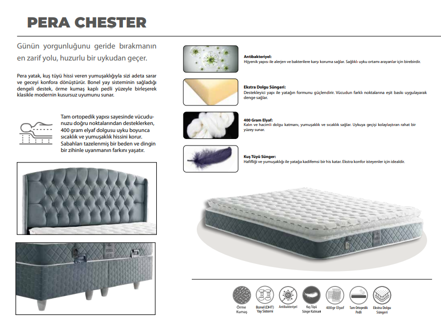 Pera Chester Baza + Başlık + Yatak