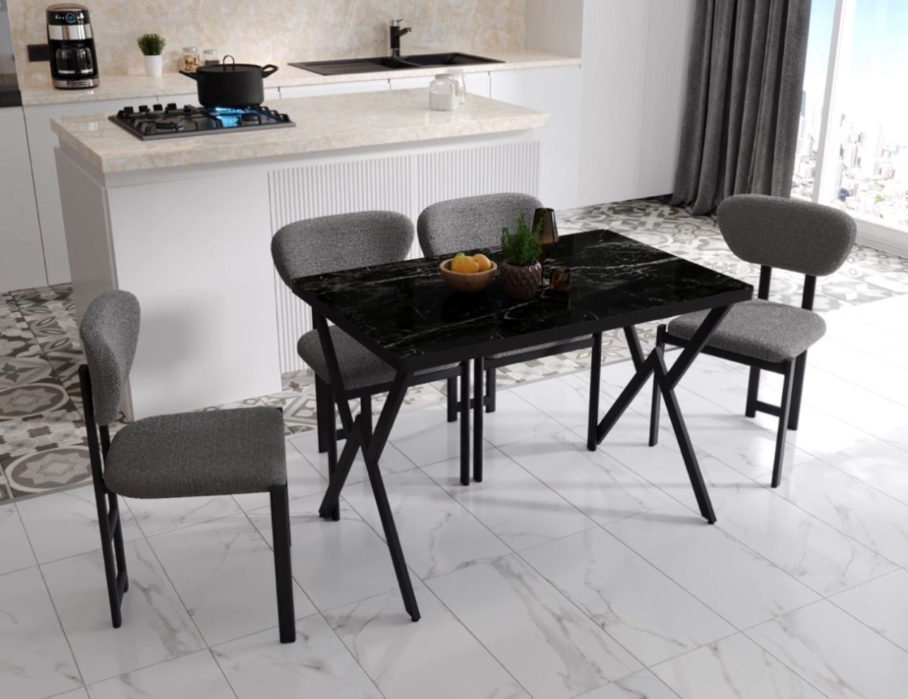 Dikdörtgen Siyah Mermer Desenli Yemek Masası Takımı