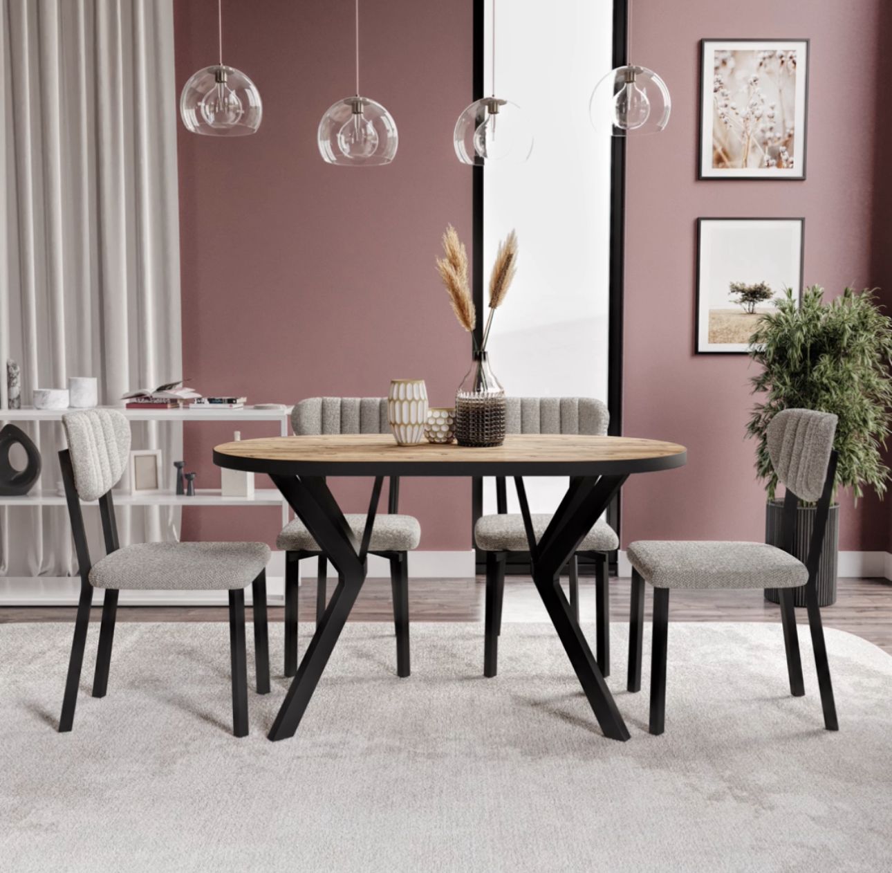 Oval Ahşap Desenli Siyah Kenarlıklı Yemek Masası Takımı