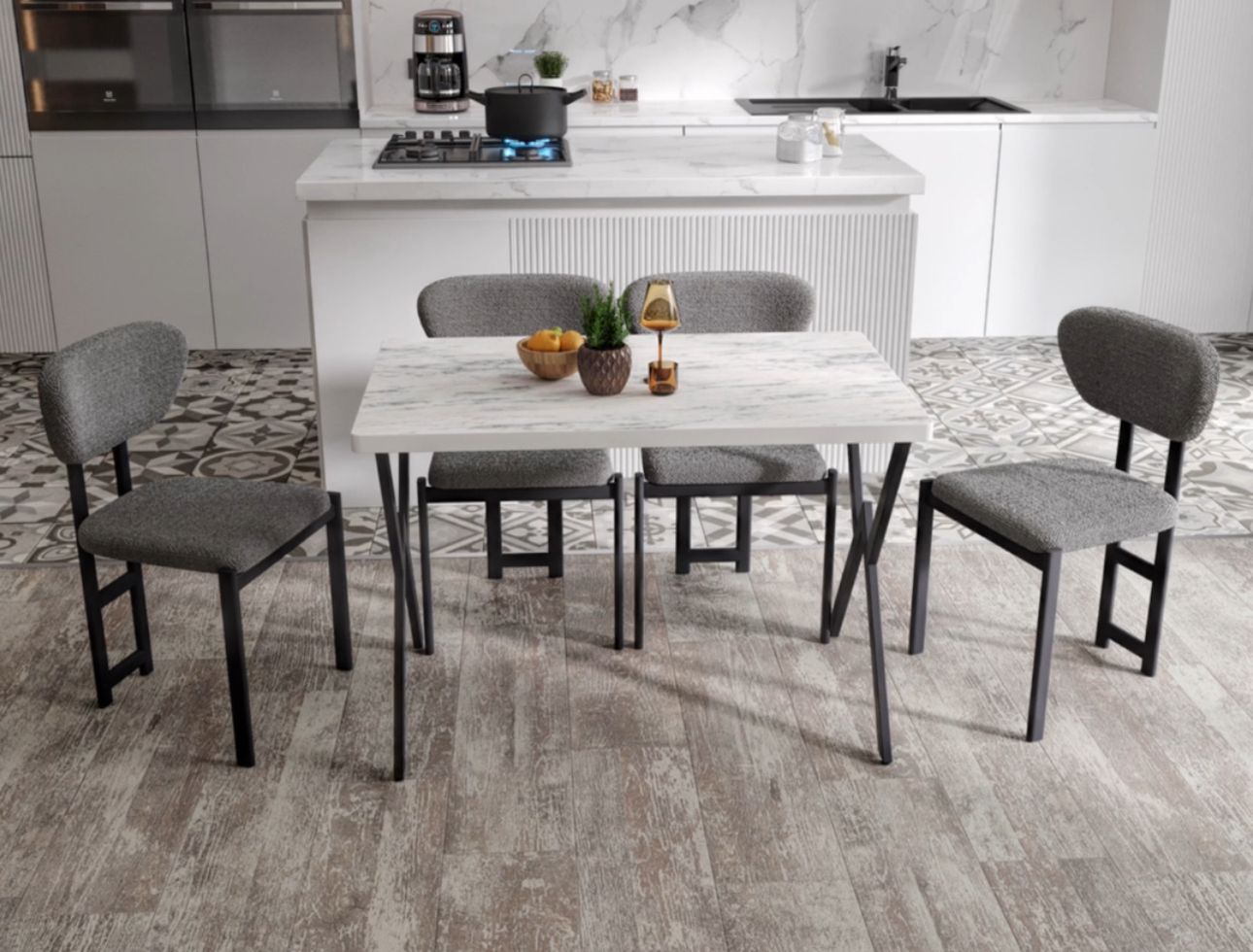 Dikdörtgen Krem Mermer Desenli Yemek Masası Takımı - Görsel 2