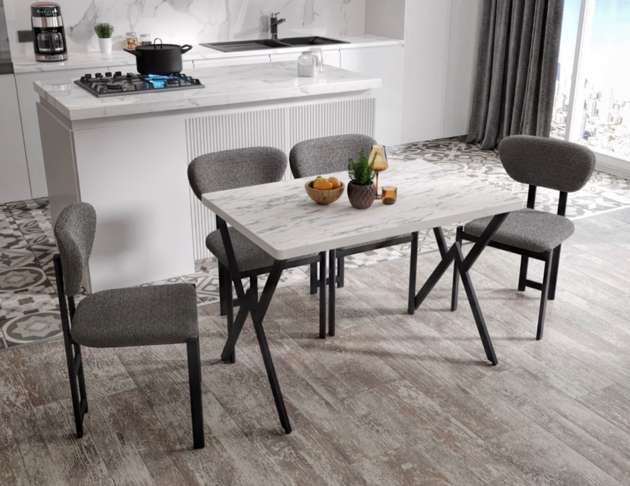 Dikdörtgen Krem Mermer Desenli Yemek Masası Takımı - Görsel 3