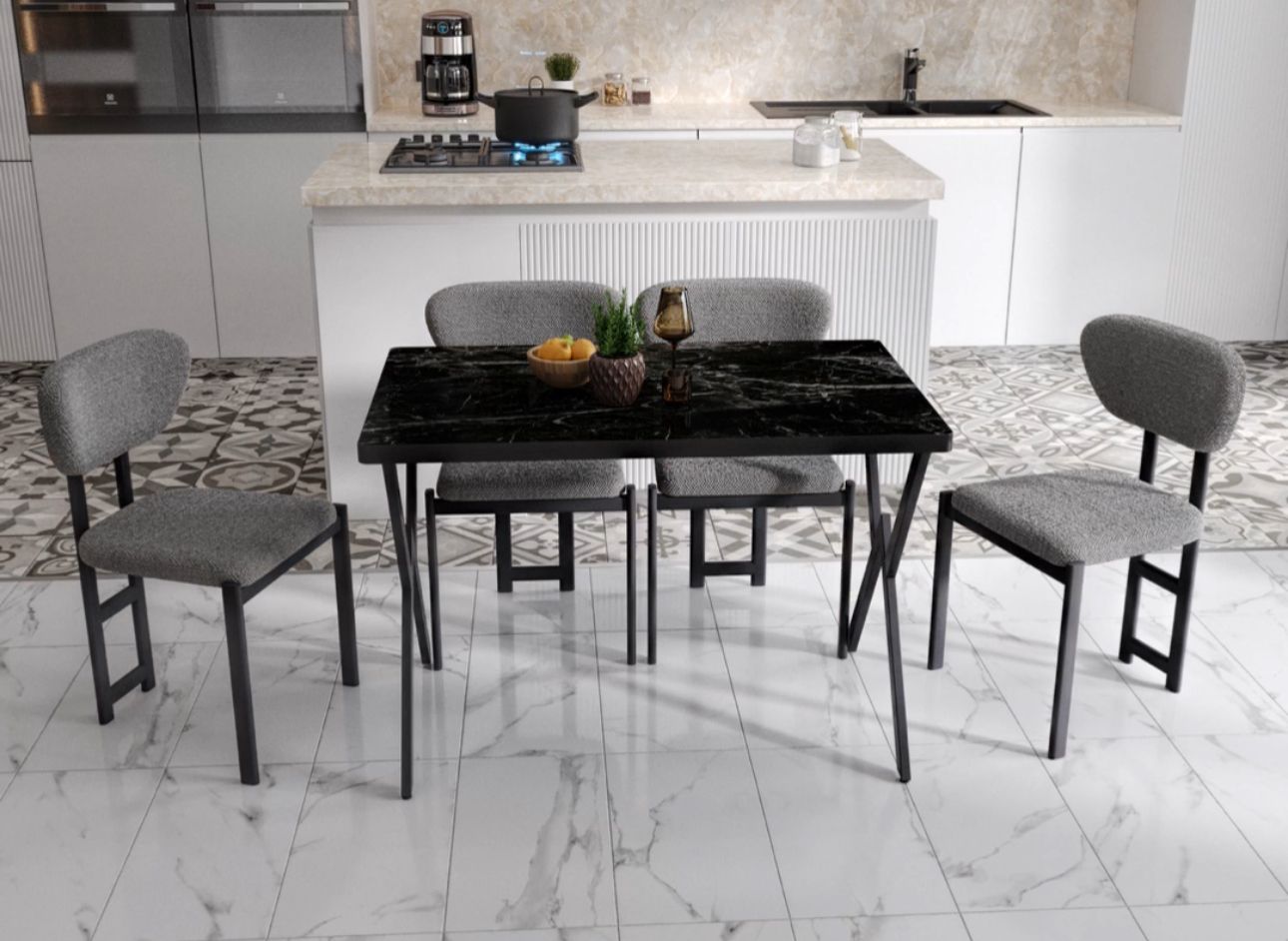 Dikdörtgen Siyah Mermer Desenli Yemek Masası Takımı - Görsel 4