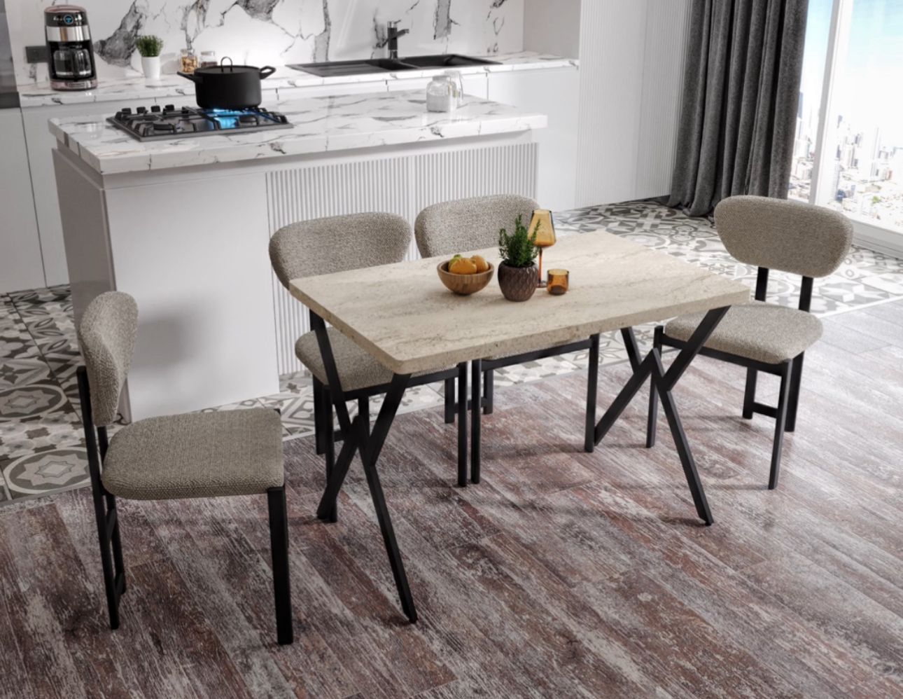 Dikdörtgen Krem Mermer Desenli Yemek Masası Takımı