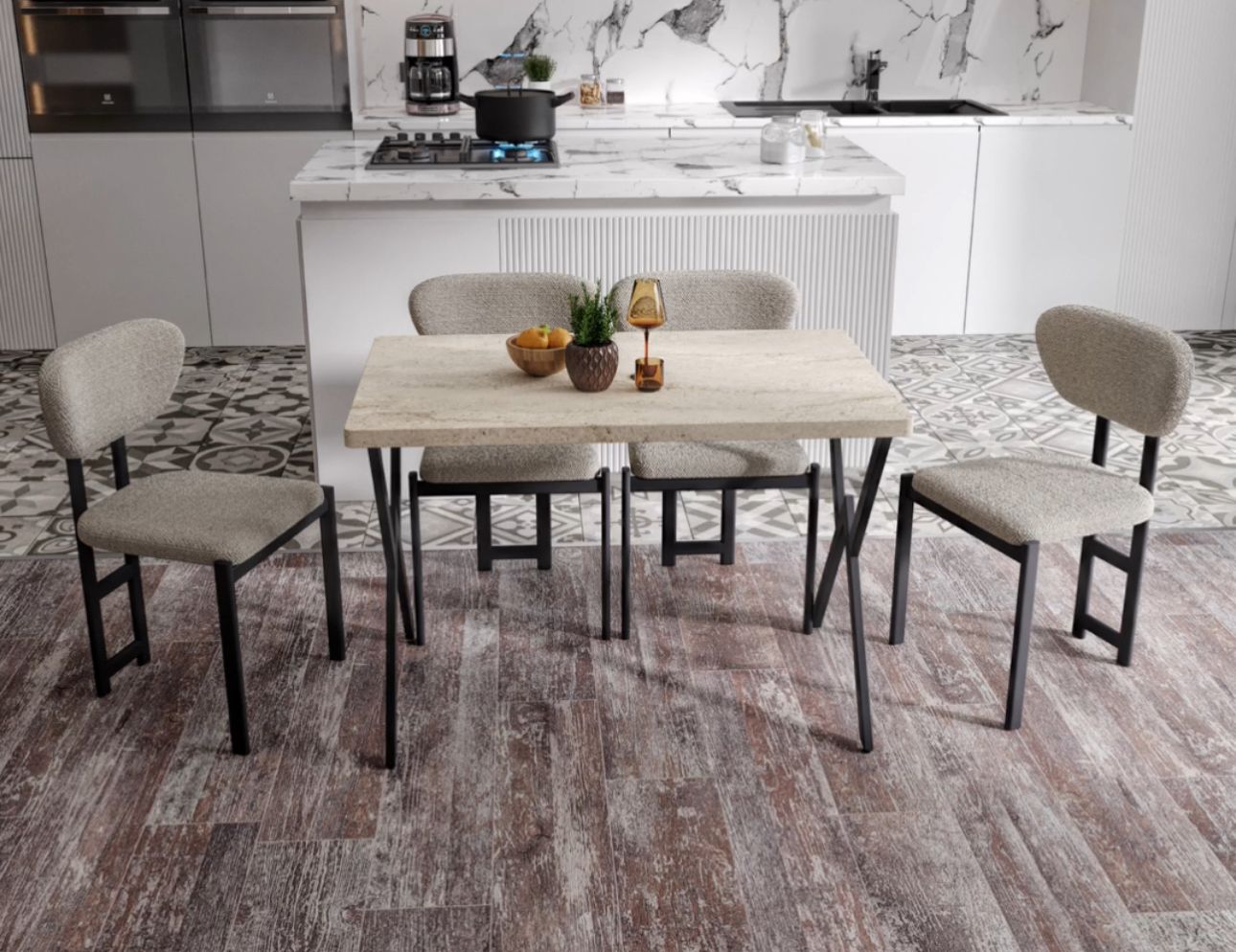 Dikdörtgen Krem Renkli Mermer Desenli Yemek Masası Takımı - Görsel 4