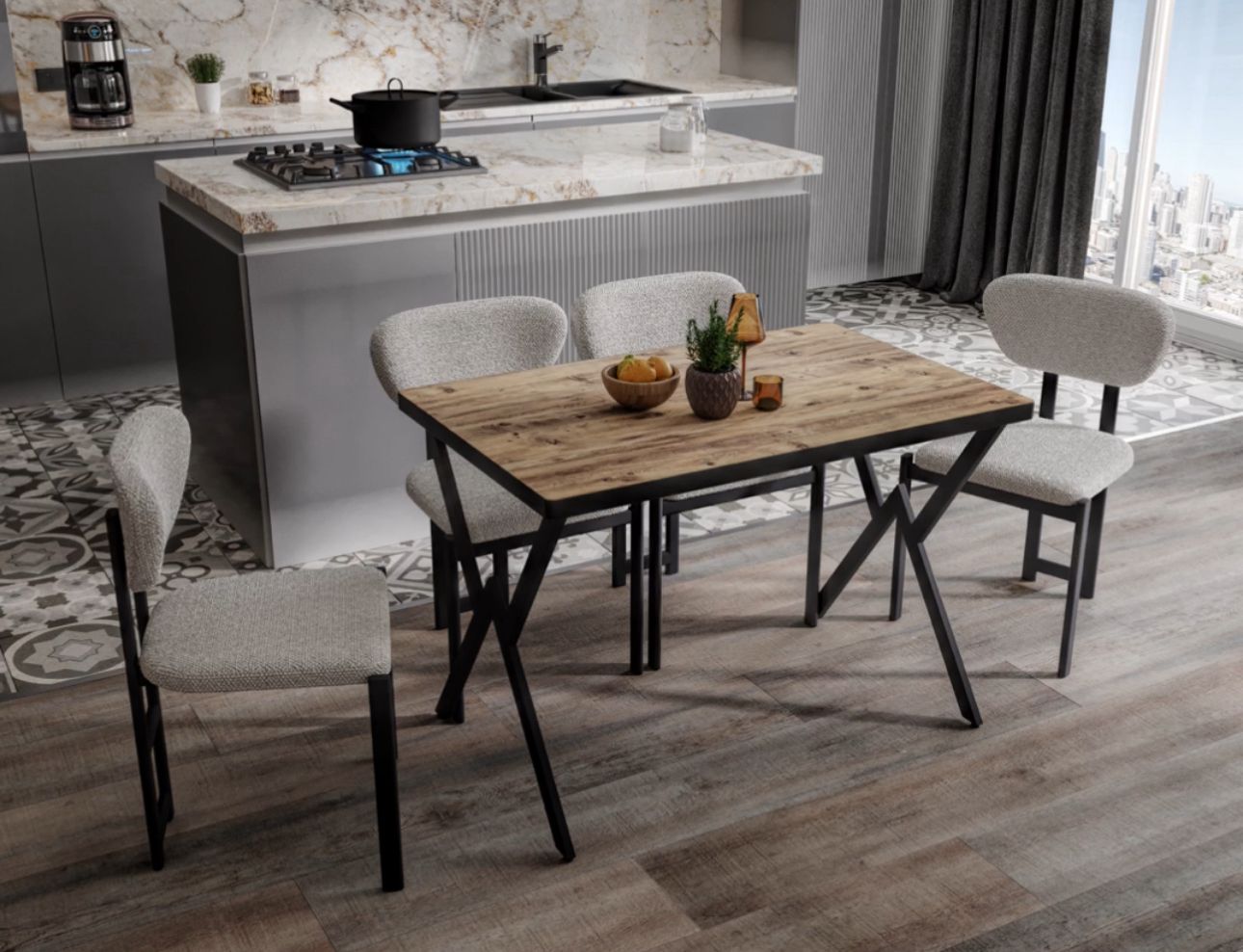 Dikdörtgen Ahşap Desenli Yemek Masası Takımı