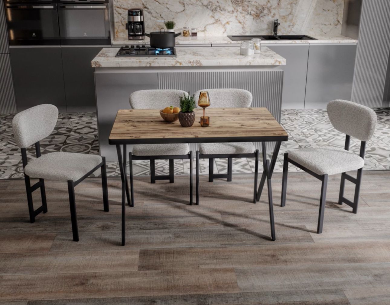 Dikdörtgen Ahşap Desenli Yemek Masası Takımı