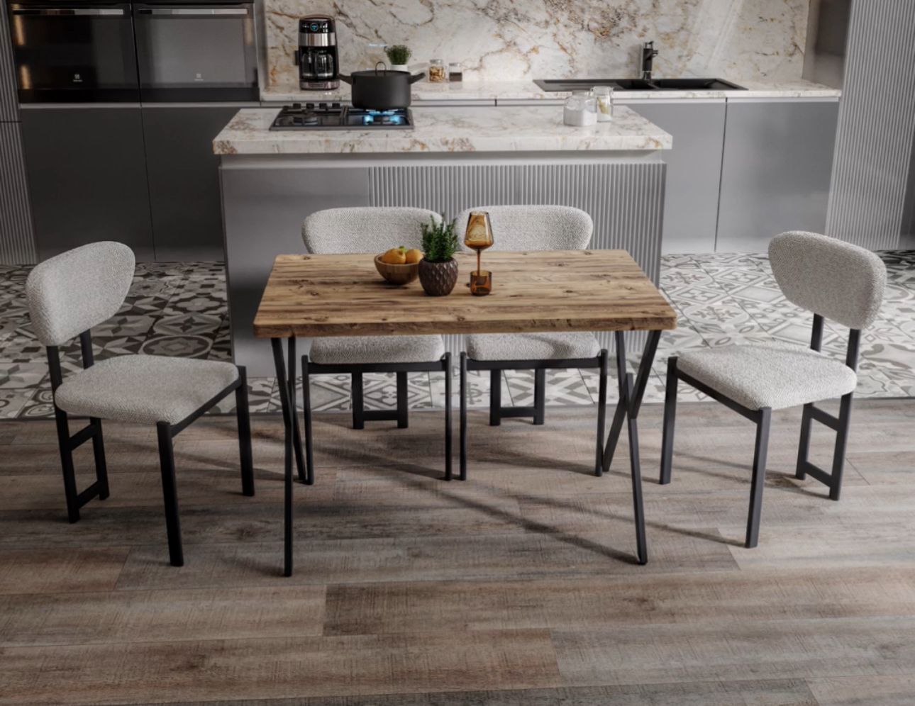 Dikdörtgen Ahşap Desenli Yemek Masası Takımı